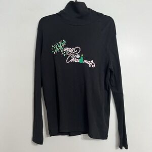 White‎ Stag Women's Long Sleeve Cotton Turtleneck Merry Christmas Size XL Black